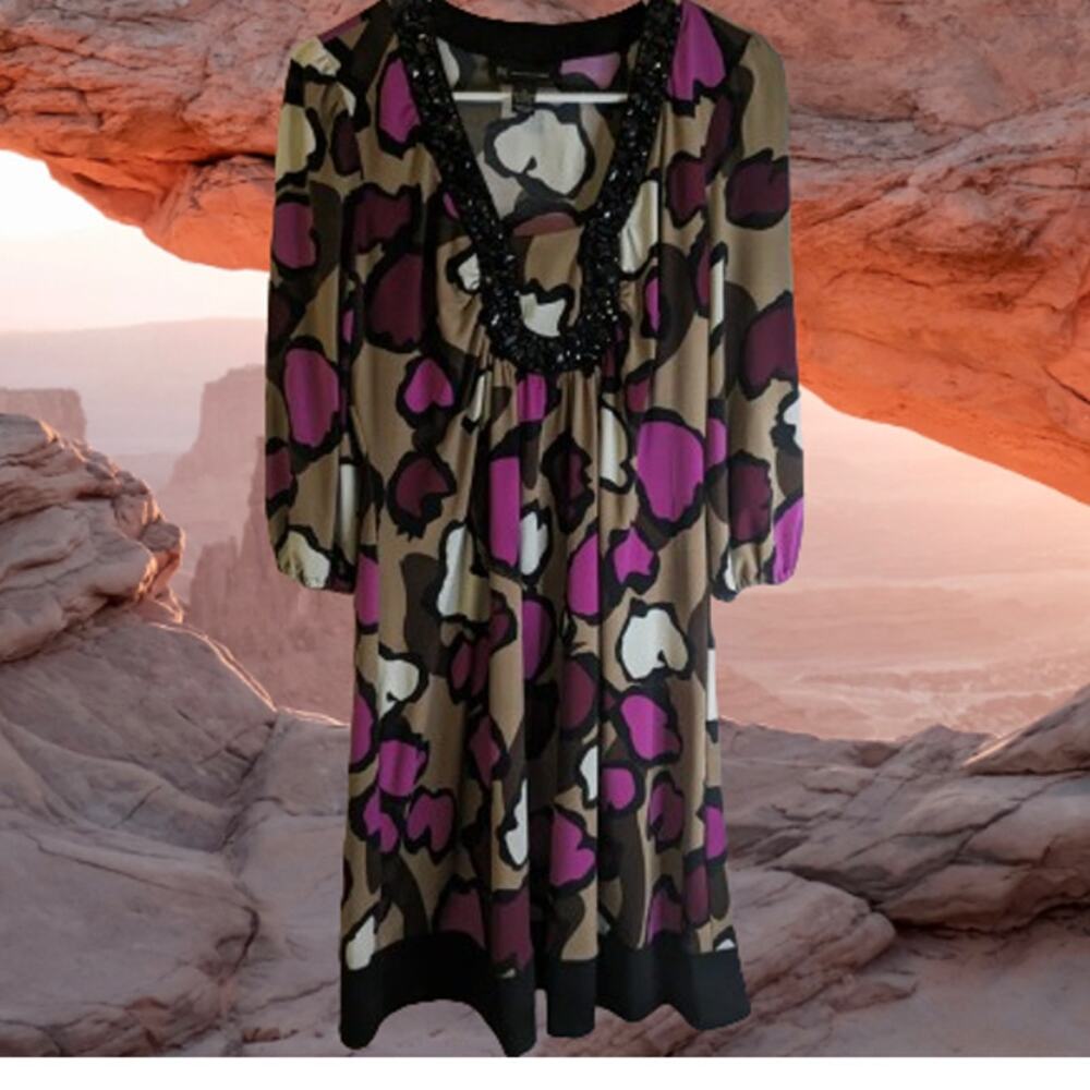 International Concepts Sm long sleeve accent stones on collar multi color dress.